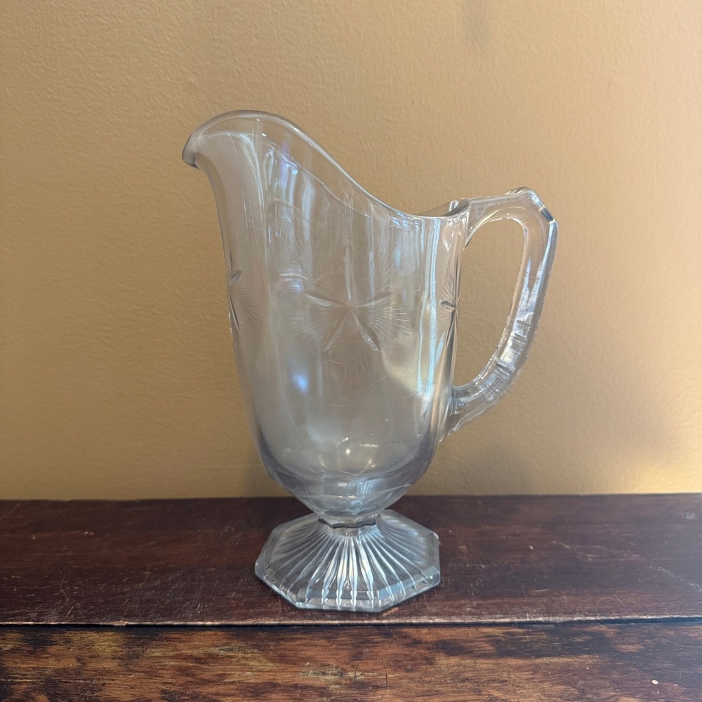 Vintage Clear Glass Pitcher with Starburst Etchings and‎ Fluted Base